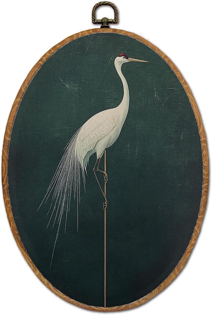 DOFQZ Japanese Crane Oval Wall Art Decor, Elegant Japandi Bird Framed Wall Art, Green Asian Oriental Crane Bird Walls Hanging Decor for Home Bedroom Living Room, 8.5x11.5 Inch