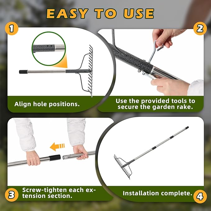 Bow Rake , 2-in-1 77in Metal Garden Lawn Rake for Weeding Digger Loosening Soil Raking Leaf Leveling Rocks Spreading Mulch Gravel 17 Tines Adjustable Garden Rake (77 Inch)