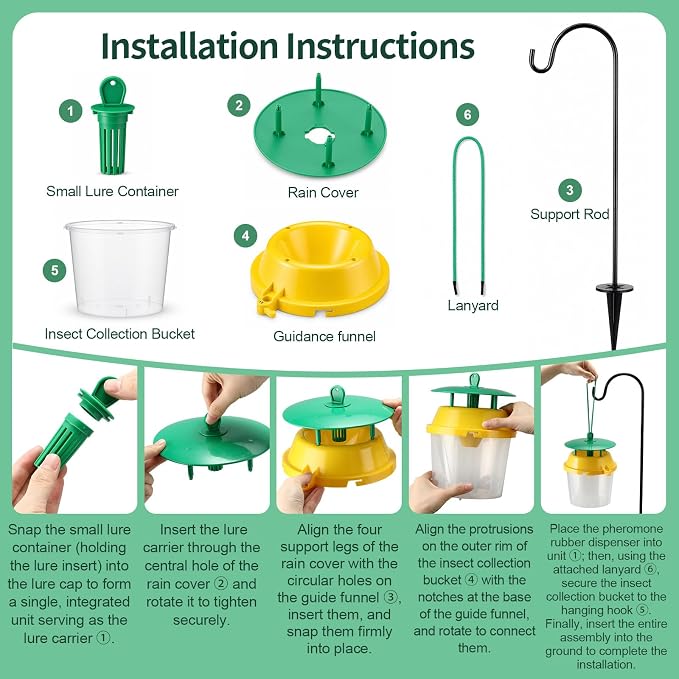6 Pcs Reusable Leafminer Trap with Pheromone Lures, Bucket Style Insect Trap with 36.2'' Ground Stake, Outdoor Monitoring Tools for Citrus Trees Garden Orchard (2 Lures Included)