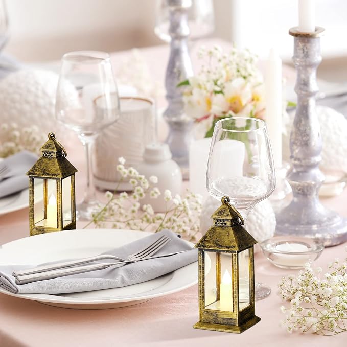 Hoolerry 24 Set 5.5'' Mini Lanterns with LED Candle for Wedding Centerpiece Vintage Decorative Hanging Small Lantern Battery Powered for Halloween Wedding Table Centerpiece(Bronze)
