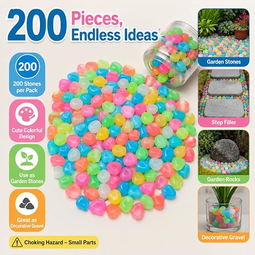 Colorful Glow in the Dark Garden Stones, Night Guide Luminous Pebbles Rainbow, Glow in the Dark Stepping Rocks Outdoor, Landscaping Decor, Glowing Stones Fish Tank Aquarium Decorations (200/Pack)