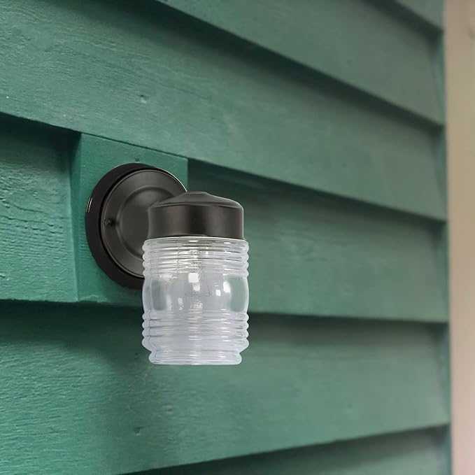 Design House Jelly Jar Wall Light, Indoor/Outdoor, Clear Ribbed Glass, Dimmable, Matte Black, Wall Mount Sconce Fixture, 4.5 in W x 7.5 in H x 5.25 in D, 502195