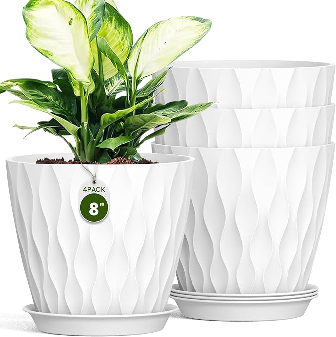8 Inch Wave Plant Pots with Drainage Holes & Saucers, 4 Pack Modern Textured Medium Planters for Indoor Outdoor Plants, Decorative Flower Pots Repotting Set for Flowers, Herbs (White)