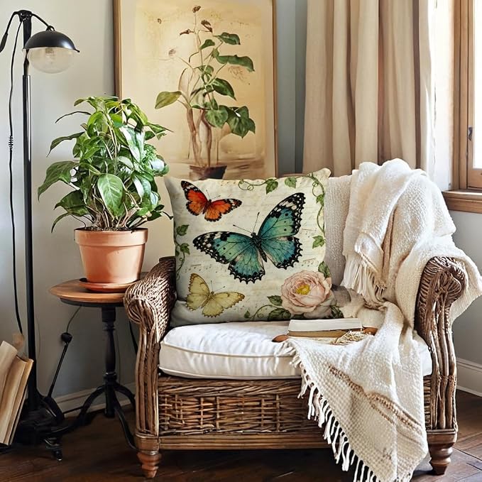 Vintage Butterfly Throw Pillow Cover 18x18 inch,Watercolor Bloom Flowers Garden Cushion Cover Farmhouse Nature Theme Spring Home Decorative Pillowcase ,4Pack for Sofa Couch Porch Patio (Beige)