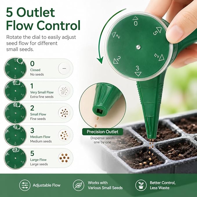 GOOGO Seed Spreader 4 Piece Sowing Tool Set, Green Garden Seed Spacer with 12 Holes and 5 Outlet Seed Dispenser, Handheld Planter for Vegetables and Flowers