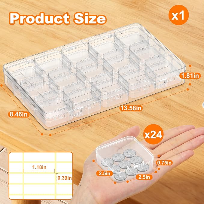 Bead Organizer Box, 30 Pcs Clear Plastic Storage Containers Features Hinged Lid and Labels, Craft Storage Box for Jewelry, Diamonds, Clay Beads, Bracelets, Screws, Seeds, Small Parts