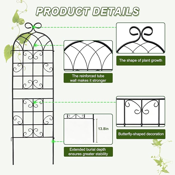YOBAZAN 4 Pack 72x20in Rustic Iron Arch Decoration Garden Trellis with Black Metal Coating – Perfect for Supporting Climbing Plants Outdoor, Roses, Vines, Flowers, and Vegetables.