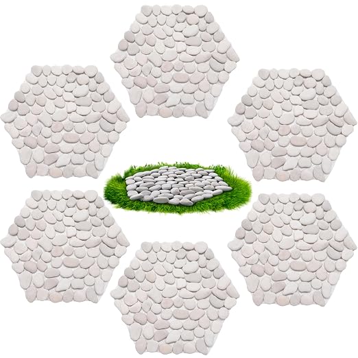 10in River Rock Stepping Stones Set - 6 Pack | Polished Pebble | Long-Lasting PVC Mesh Backing | Perfect for Garden Paths and Lawns Outdoor Landscaping Decoration | White Rhombus
