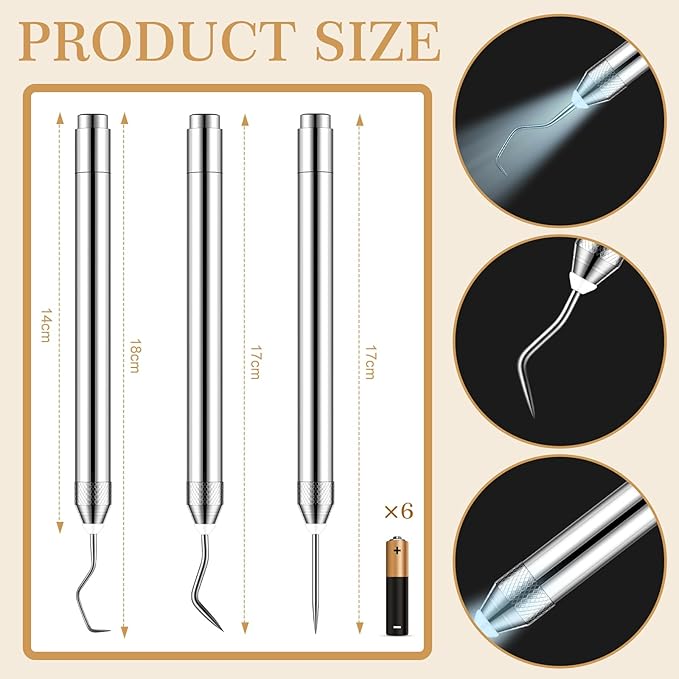 Therwen 3 Pcs LED Weeding Tools for Vinyl with Light Pin and Hook Lighted Weeding Pen for Removing Iron on Tiny Vinyl Paper Iron on Projects Adults and Cutting Machines Supply(Silver)