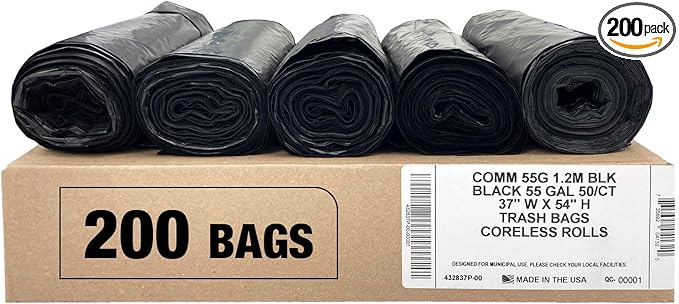 Ultrasac Heavy Duty 55 Gallon Black Trash Bags - (Value 200 Pack) - 1.5 MIL equivalent Industrial Strength Plastic 37" x 54" for 50-55 Gal Cans -Fits Toter, Rubbermaid Brute, Carlislie Bronco etc.
