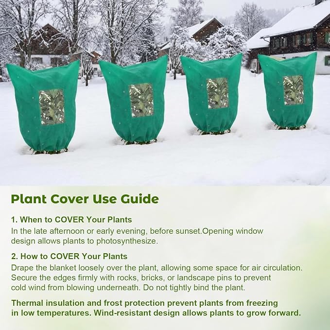 4 Pcs Large Plant Covers Freeze Protection with Viewing Window, Drawstring & Zipper Winter Frost Covers, Shade Cloth for Shrubs, Small Trees, Frost(Green,47.24 x 70.87 Inch)