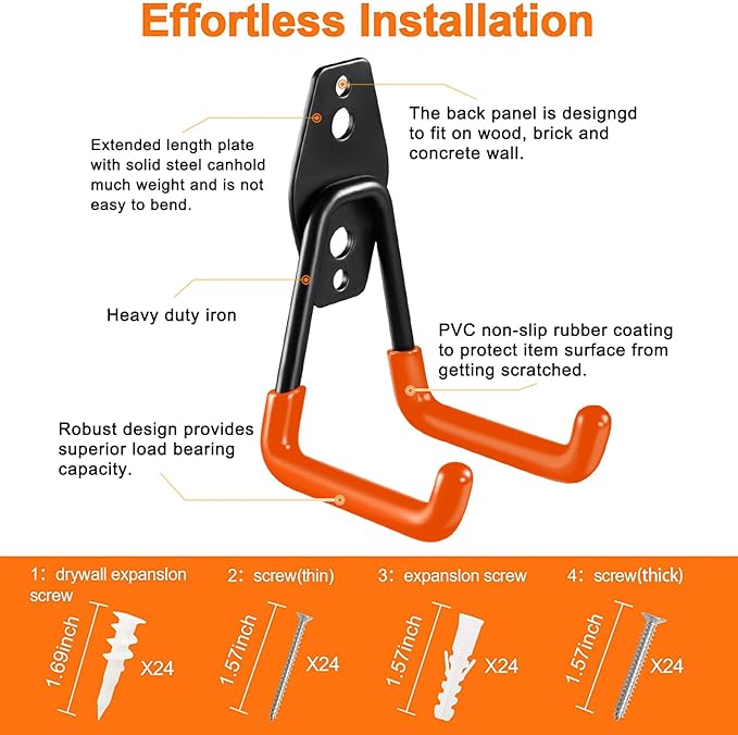 HUPBIPY 12 Pack Garage Hooks Heavy Duty, Wall Mount Hooks | Anti-Slip Coating, Wall Mount Storage Organizer for Hanging Bicycles Garden Tools Ladders Hoses Ropes and Loose Items(Orange)