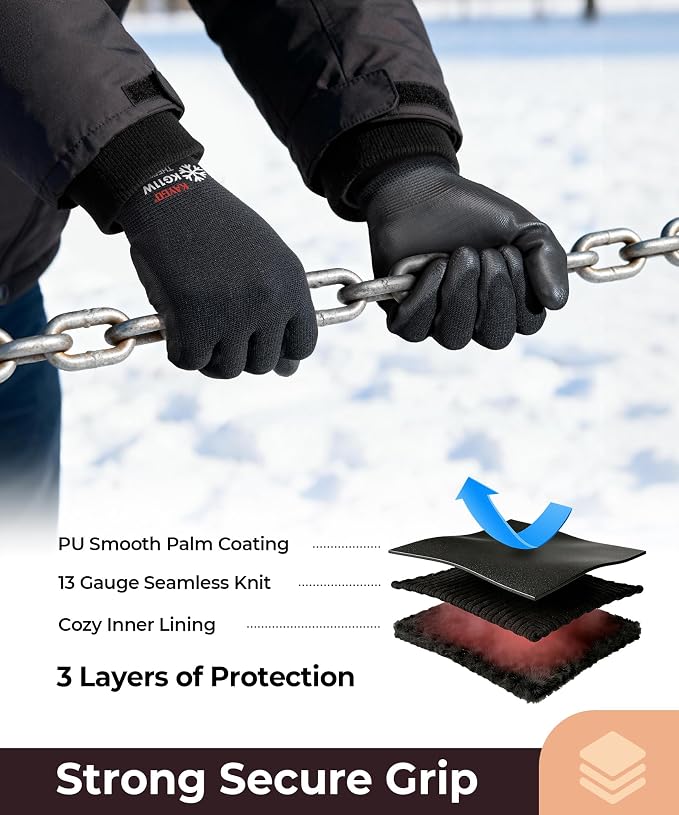 KAYGO 12 Pairs Winter Work Gloves for Men and Women, Thermal Insulated Safety Work Gloves PU Coated, Super Grip,Ideal for Freezer Work,Black,M