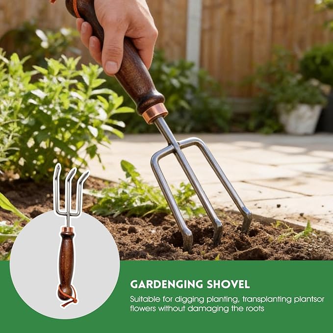 Garden Tools, 4 Pack Garden Shovel with Wooden Handles Hand Tools with Transplanting Hand Shovel, Rake and Root Picker Ideal for Digging and Planting