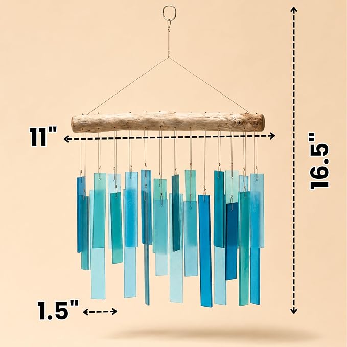 Solange & Frances Glass Wind Chimes for Outside. Handmade Hanging Wind Chimes Coastal Beach Decor with Natural Driftwood Top, Outdoor Decor Gift for Women, Gifts for Mom, Birthday Gifts for Women