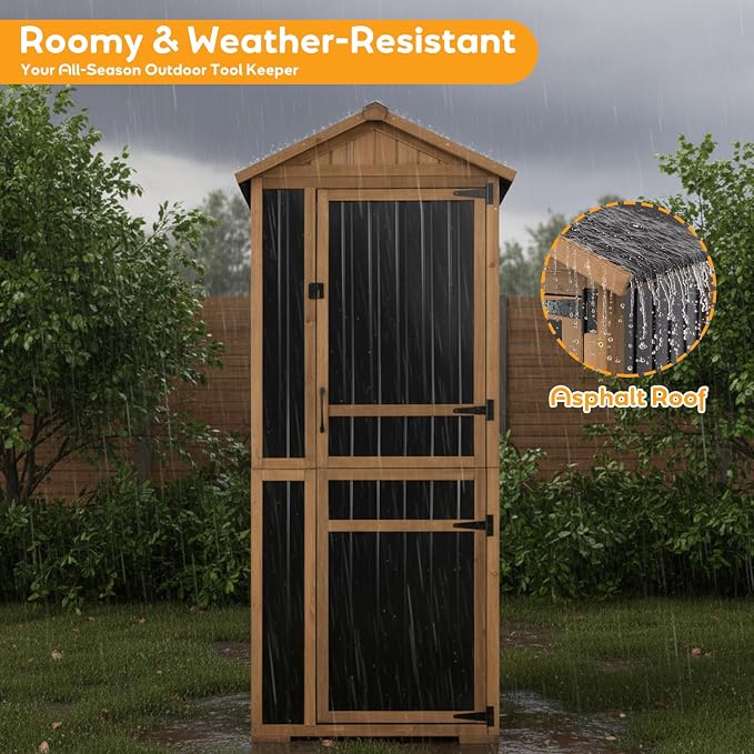 Outdoor Storage Cabinet, Wood & Metal Garden Shed with Waterproof Asphalt Roof, Patio Organizer with 3 Fixed Shelves & Removable Shelf for Long Tools, Lockable Magnetic Doors for Backyard Garage Pool