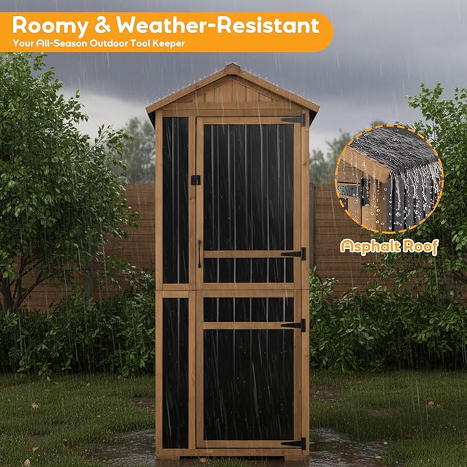 Outdoor Storage Cabinet with Lockable Doors, Wood & Metal Garden Shed, Weatherproof Patio Storage with Adjustable Shelf for Tools, Patio & Backyard Organizer