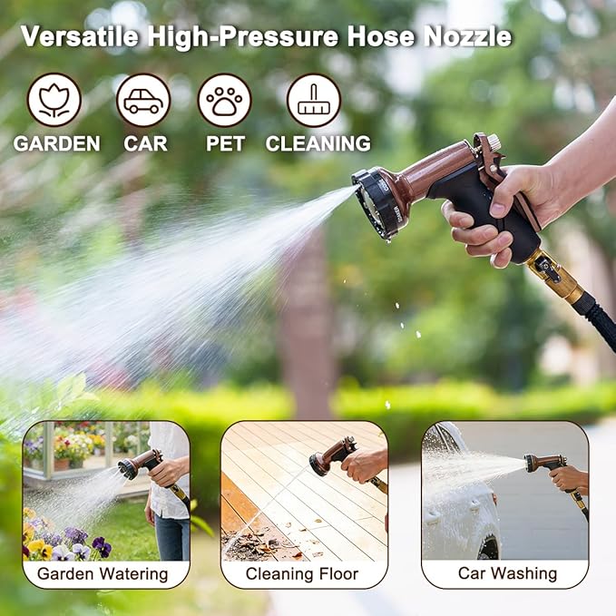 FANHAO Metal Garden Hose Nozzle, Heavy Duty Water Hose Sprayer with 6 Spray Patterns, High Pressure Water Hose Nozzle with Rear Trigger, Ideal for Outdoor Lawn & Plant Watering, Car & Pet Washing