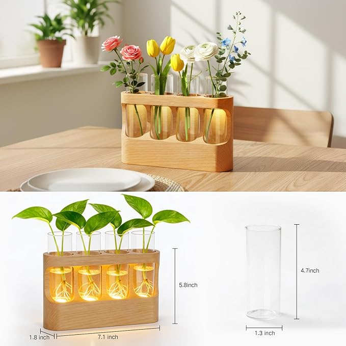 OUTON Rechargeable Plant Propagation Station with LED Light, Wooden Propagation Vase Set with Glass Tubes, Lighted Plant Terrarium for Indoor Plant Cuttings, Gift for Plant Lovers