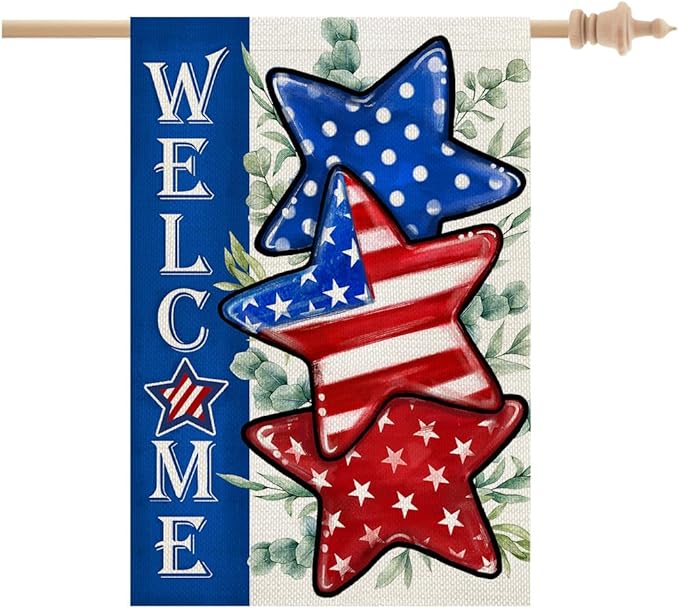 CROWNED BEAUTY 4th of July Patriotic Stars House Flag 28x40 Inch Double Sided Large Burlap for Outside Independence Day Welcome Yard Flag CF1526-40