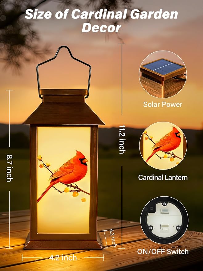 Guhope Birthday Gifts for Women Mom Grandma Men, Solar Lanterns Outdoor Waterproof Hanging Garden Decor with Cardinal Pattern Outdoor Solar Lights for Garden Lawn Yard Patio Porch (Cardinal)