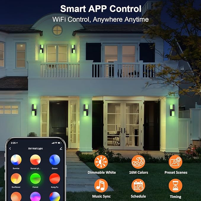 XMCOSY+ Outdoor Wall Lights, 1400LM RGBCW Smart Porch Lights Outdoor with 32 Scene Modes, 350° Adjustable Dual-Head Wall Sconce, IP65 Waterproof, Compatible with Alexa and Google Assistant, 2 Pack