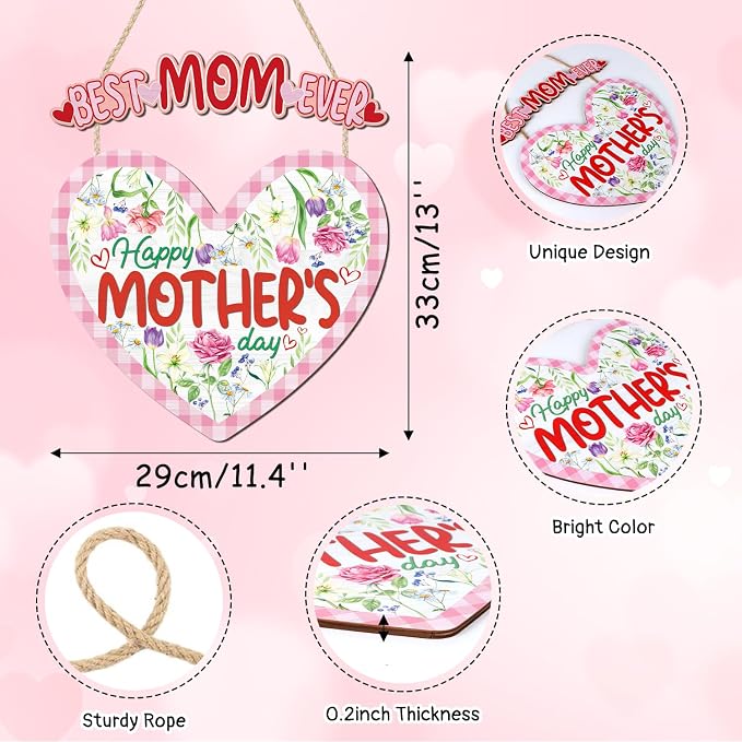 HOURIA Happy Mother's Day Wooden Sign(11.4”x12.5”),Vintage Best Mom Ever Wall Decor,Pink Flower Heart Shaped Door Hanger for Mom Grandma Woman