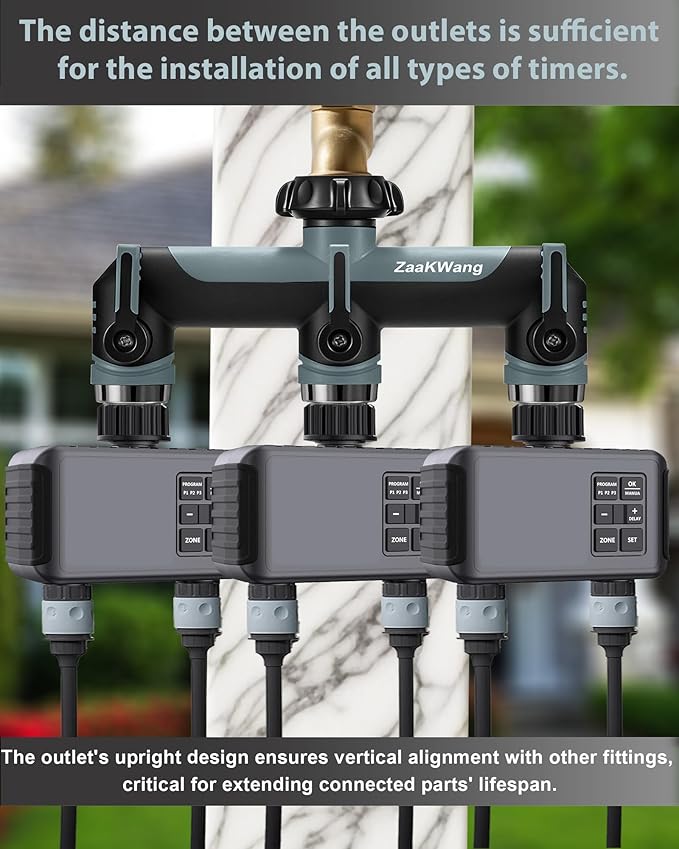 Garden Hose Splitter, 3 Way Hose Splitter, Heavy Duty Water Hose Bib Spigot Splitter, Outdoor Faucet Splitter with Shutoff Valve, T Adapter Connector with 3/4 - Inch GHT Thread (Grey)