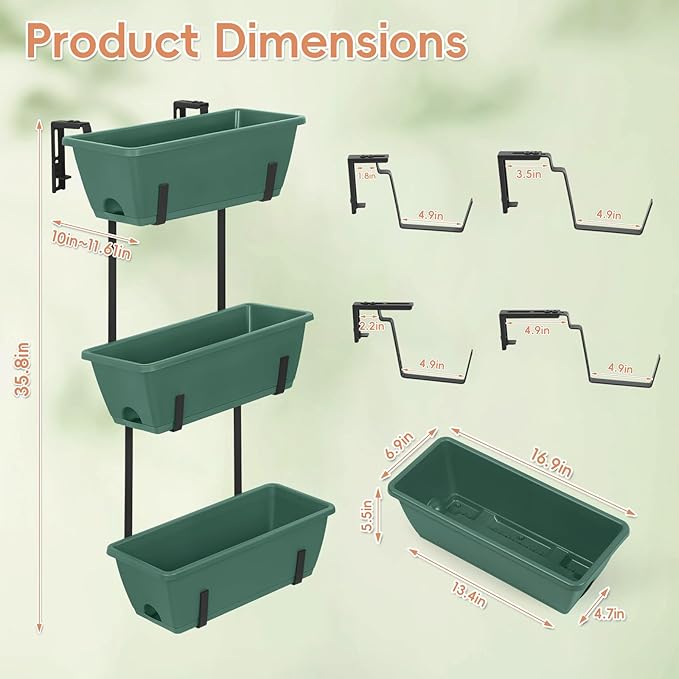 OYEAL Window Boxes Planters Deck Railing Planter Boxes with Adjustable Brackets & Rectangular Flower Pots Rectangular Herb Planter for Garden Fence, Patio, Balcony Decor Green