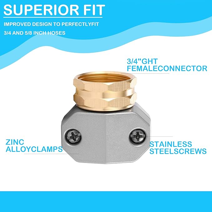Hourleey Garden Hose Repair Fittings, Aluminum Female Coupling Menders with Zinc Clamps, Water Hose End Repair Connector for 3/4 Inch and 5/8 Inch, 2 Pack