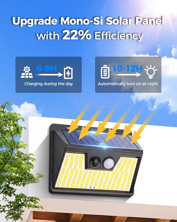 Peasur 2 Pack Solar Lights Outdoor Motion Sensor, 140 LED Solar Powered Fence Wall Light Waterproof, 3 Modes Solar Security Lighting for Outside Yard Deck Garden Stair Step