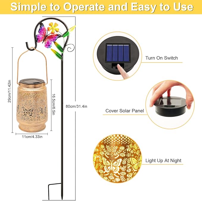 Solar Lanterns Outdoor Butterfly Garden Decor, Birthday Gifts for Women Mom Grandma, Waterproof Metal Hanging Solar Lights LED Decoration with Shepherd Hook Outside for Yard Patio Lawn Porch