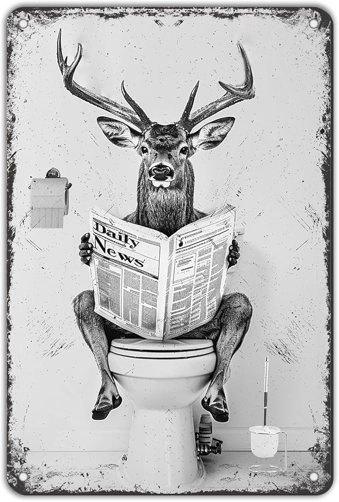 Deer Metal Tin Sign Funny Toilet Vintage Sign for Perfect Black and White Bathroom Decor 12 * 8in