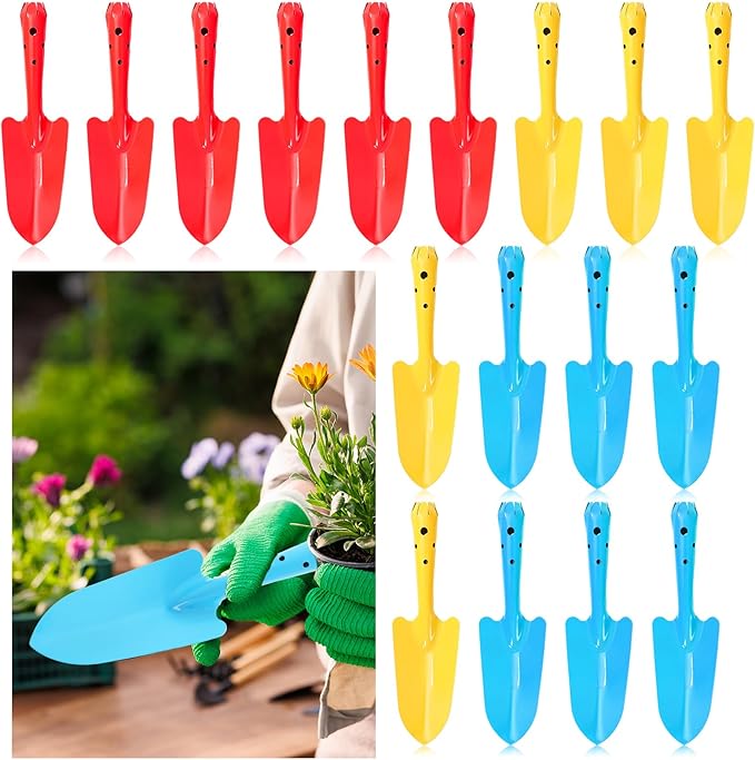 FYSUIMU 18Pcs Spring Colorful Garden Shovels Red Yellow Blue Pointed Tip Mini Shovels Teens Adults Students Metal Garden Tools for Flower Soil Planting Digging Transplanting Activities