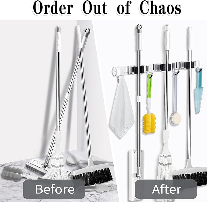 2 Pack 3 Racks and 4 Hooks Broom and Mop Holder Wall Mounted Garage Organizer Storage Tool Racks Stainless Steel Heavy Duty Hooks Self Adhesive Solid Non-slip Wall Hangers for Home Kitchen Garden