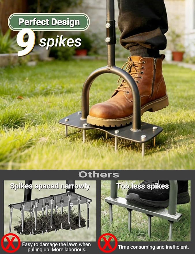 Aerator Lawn Tool for Garden Yard, Manual Yard Aerator with Heavy Duty 2" Pre-Installed Spikes, Dual-Screw Reinforced Handle for Stability, Grass Plug Aerator for Lawn Care Garden, Revives Lawn Health