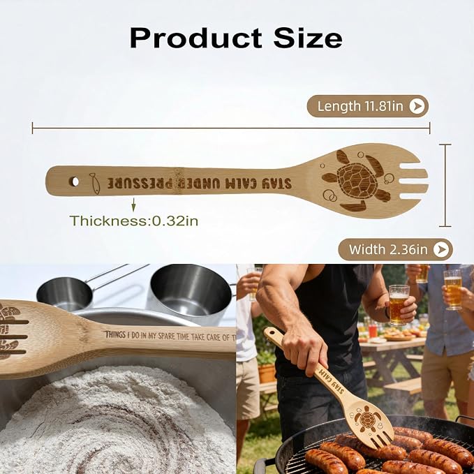 5Pcs Unique Sea Turtle Print Bamboo Spoon for Cooking - Wooden Spoons with Keychain Turtle Decor Kitchen Utensils Gifts for Women Mom Couple Wife Hostesses House Warming