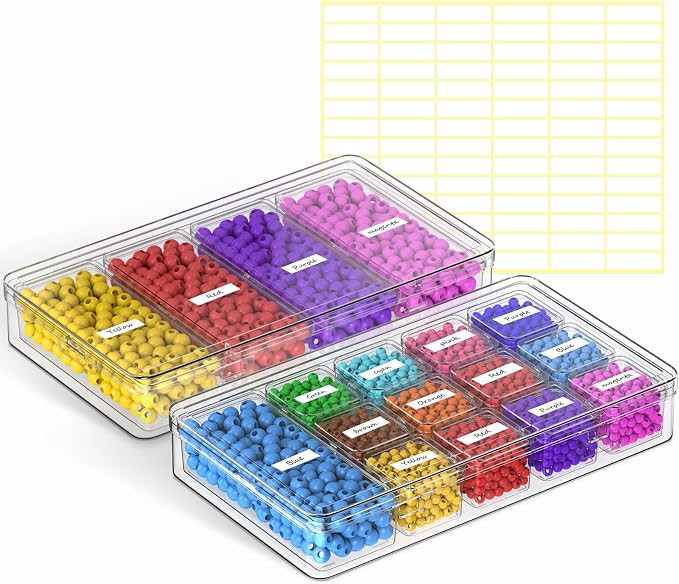Bead Organizer Box, 2 Pack Small Clear Plastic Storage Containers Features Hinged Lid and Labels, Craft Storage Box for Jewelry, Diamonds, Clay Beads, Bracelets, Screws, Seeds, Small Parts