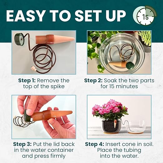 Blumat Classic Self-Watering Stakes - Prevents Overwatering and Underwatering for Healthy Growth While You are Away - Ideal for Indoor Plant Watering, 12 Pack, w Adapter