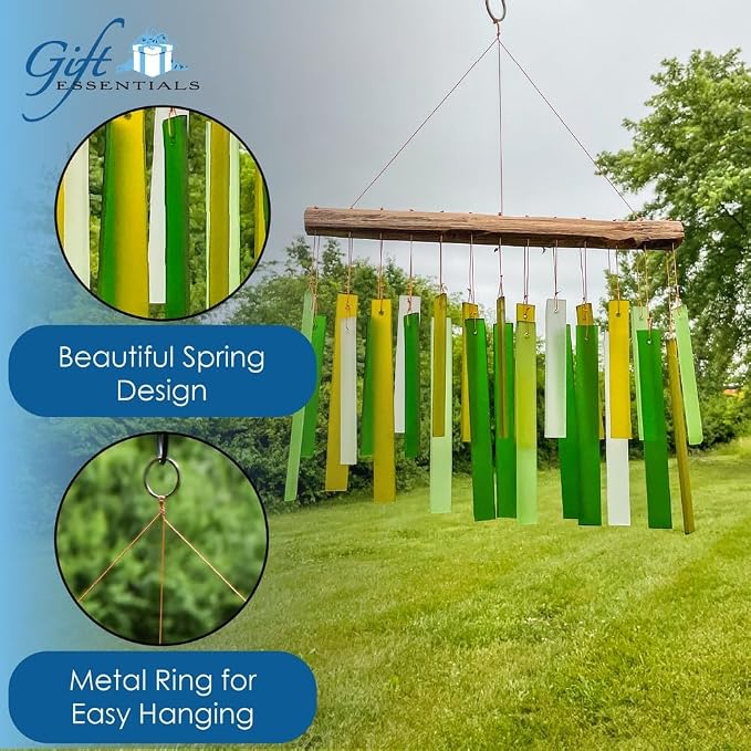 Blue Handworks Spring Colors Glass and Driftwood Chime - Sandblasted Glass and Found Wood Hand Crafted Wind Chime