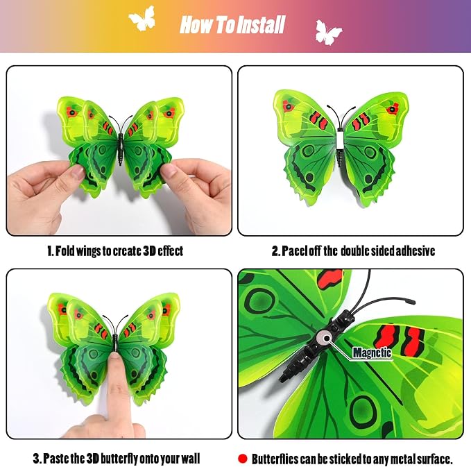 SAOROPEB 3D Butterfly Wall Decor, 24 Pcs Double Layer Butterfly Decorations for Party Decorations Locker Decor Refrigerator Decal, Reusable (Green)