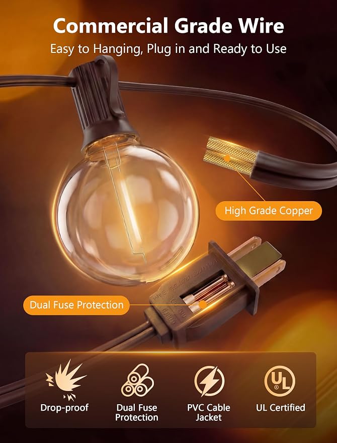 GOOTHY 25Ft Outdoor LED String Lights with 25 Shatterproof G40 LED Clear Globe Bulbs, Edison Vintage Bulbs Hanging Sockets, Decorative Lighting for Café Patio Porch Party Yard Christmas-Brown Wire