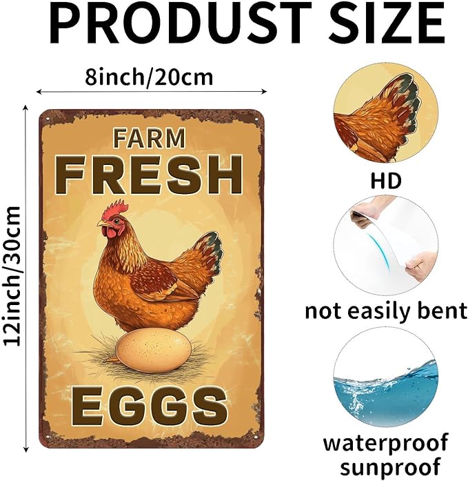 Funny Coop Sign Farm Fresh Eggs Chicken Metal Tin Sign Wall Decor for Farmhouse Home Kitchen Bar Yard Porch 12×8 Inch