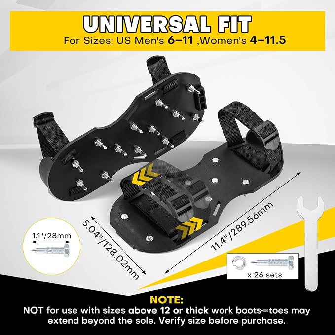 Lawn Aerator Shoes with 1.1''Spikes | Aerating Sandals with Adjustable Hook & Loop Straps, Spike Shoes for Epoxy Flooring, One-Size-Fits-All Yard Garden Grass Soil Aeration Tool (Black)