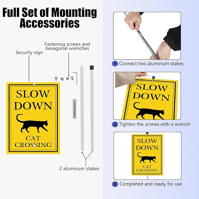 Cat Crossing Sign With Stake Slow Down Sign For Neighborhoods Caution Drive Slowly Watch for Cat Safety Sign for Street Rustproof Reflective Aluminum Animal Signs for Driveway 8x12 IN
