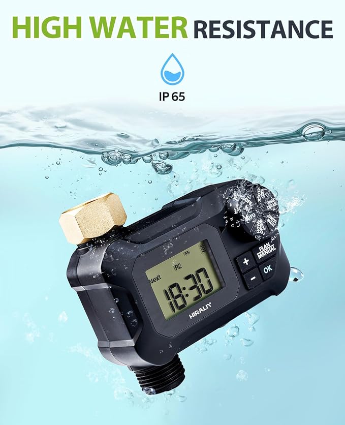 HIRALIY Water Timer for Garden Hose, Programmable Sprinkler Timer Outdoor, for Irrigation System Garden Watering, Rain Delay/Manual Mode, Brass Connector, IP65 Waterproof