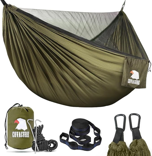 COVACURE Camping Hammock - 772lbs Capacity Portable Hammock with Tree Straps, Durable Parachute Nylon Travel Hammock, Outdoor Camping Gear for Hiking, Backpacking, Travel or Backyard (Army Green)