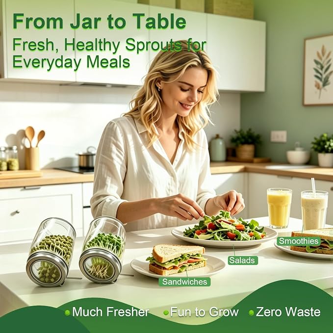2 Pack DnerLery Sprouting Lids for Wide Mouth Mason Jars, Stainless Steel Fine Mesh Lids Only, Fit Mason Jars for Broccoli, Alfalfa, Mung Bean & Microgreens, No Jars, Germination Kits