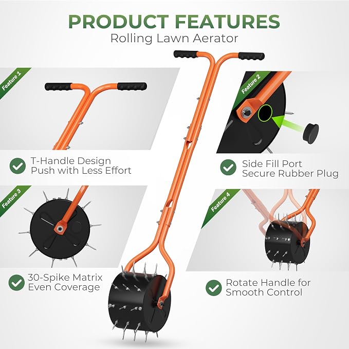 Walensee Rolling Lawn Aerator, Heavy Duty Manual Aerator Tool with 30 Spikes, Aerator Lawn Tool with Integrated Dual-Bar Handle, Soil Penetrator Push Lawn Aeration for Yard, Garden and Lawn