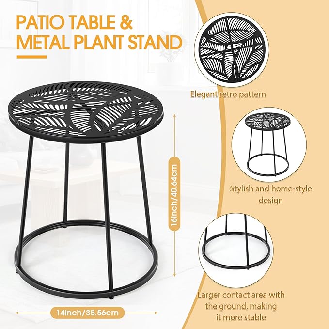 Vercraft Small Outdoor Side Table, 14" Patio Side Tables with Flower Cut Outs Weather Resistant Metal Outdoor End Table for Patio Outside Porch Balconies Garden(Black,Tropical Leaf)